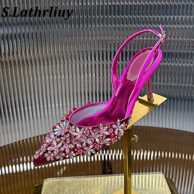 Pumps Sommer Funkelnde Kristall-Hohlsandalen mit Spitzer Form für Damen, Einfarbige Modische Bankett-Kleider High Heels Hochzeitsschuhe 2026