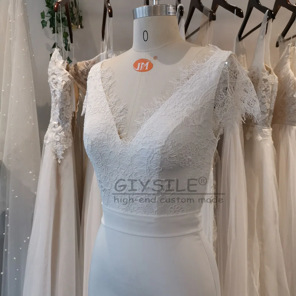 GIYSILE Customized White French Light Wedding Dresses Luxury 2025 Sexy Deep V-neck Lace Backless Mermaid Long Dress vestidos
