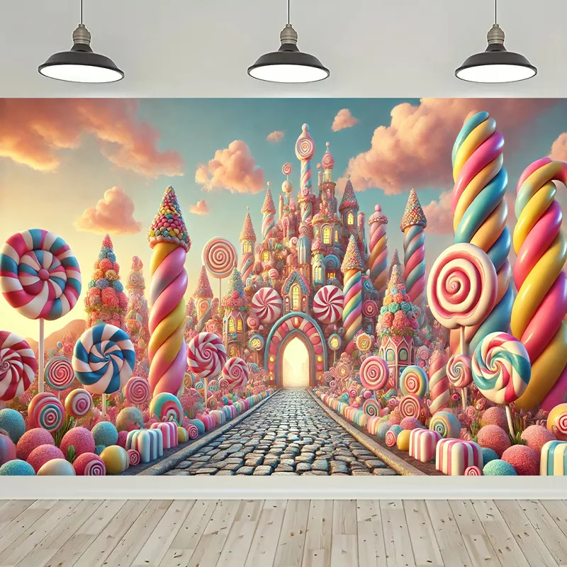 2D-Flachbanner, 1 Stück, skurrile Süßigkeitenschloss, Regenbogen-Lutscher und süße Marshmallow-Designs, ideale Heim- und Bürodekoration