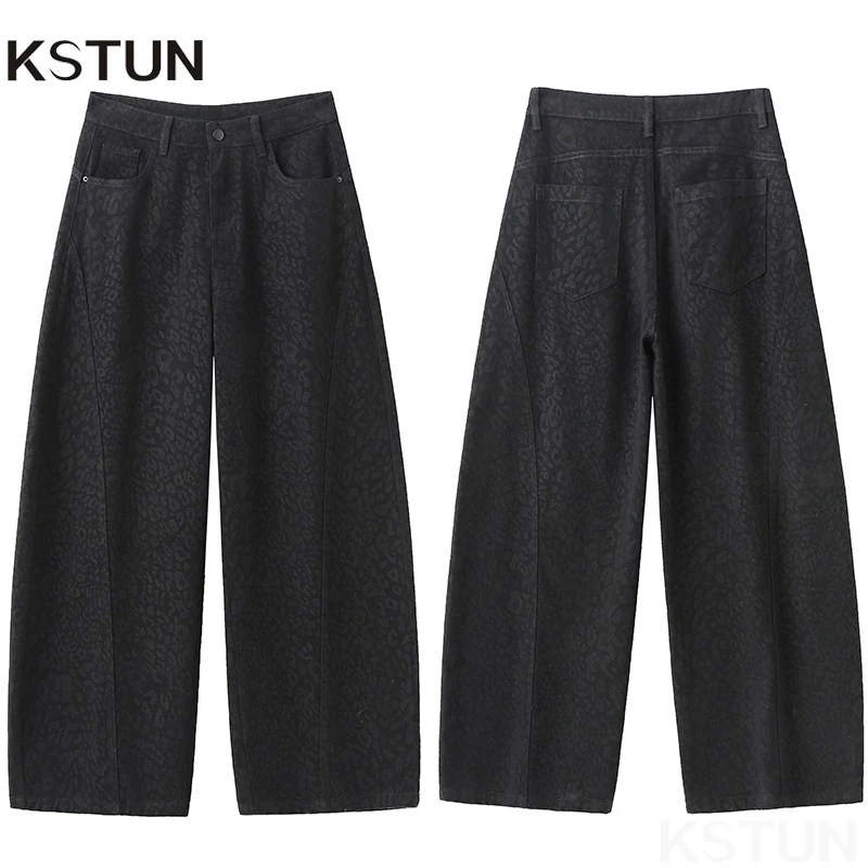 

KSTUN 2026, черные джинсы с леопардовым принтом для женщин, широкие мешковатые брюки, 100% хлопок, свободный крой, винтажные офисные женские элегантные брюки