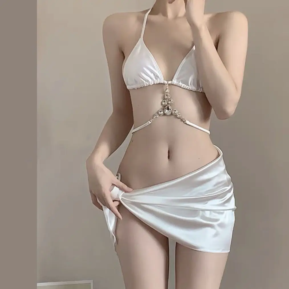 Trendy satijnen 3-delig badpak met sieradenkettingdecor voor dames Halter Sexy bikini's Cover-up Monokini Beach Pool Party Outfit