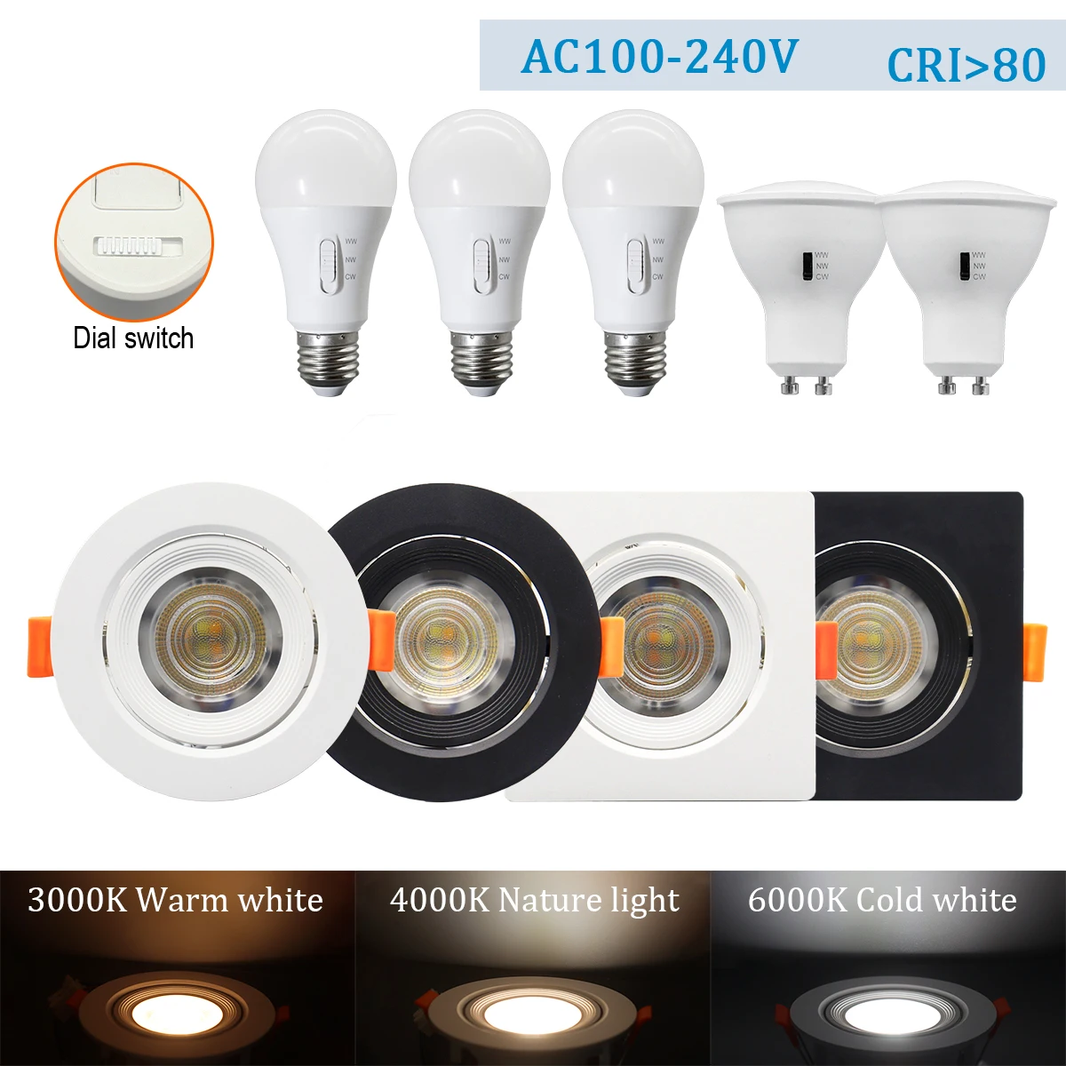 3 CCT LED Spot light Bulb GU10 E27 CCT Lamps AC100-240V Dial swich light 3000K 4000K 6500K Adjust degree Light for home bedroom