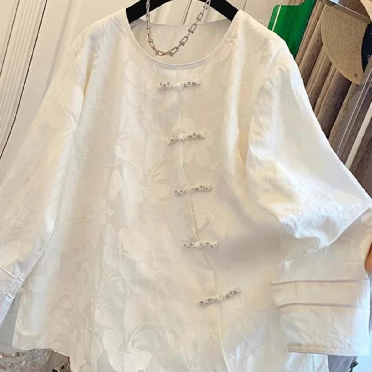 

plus Size Women's Long Sve irt Button Design Spring Summer New Chinese Sle National Faion Versatile Large Code Top