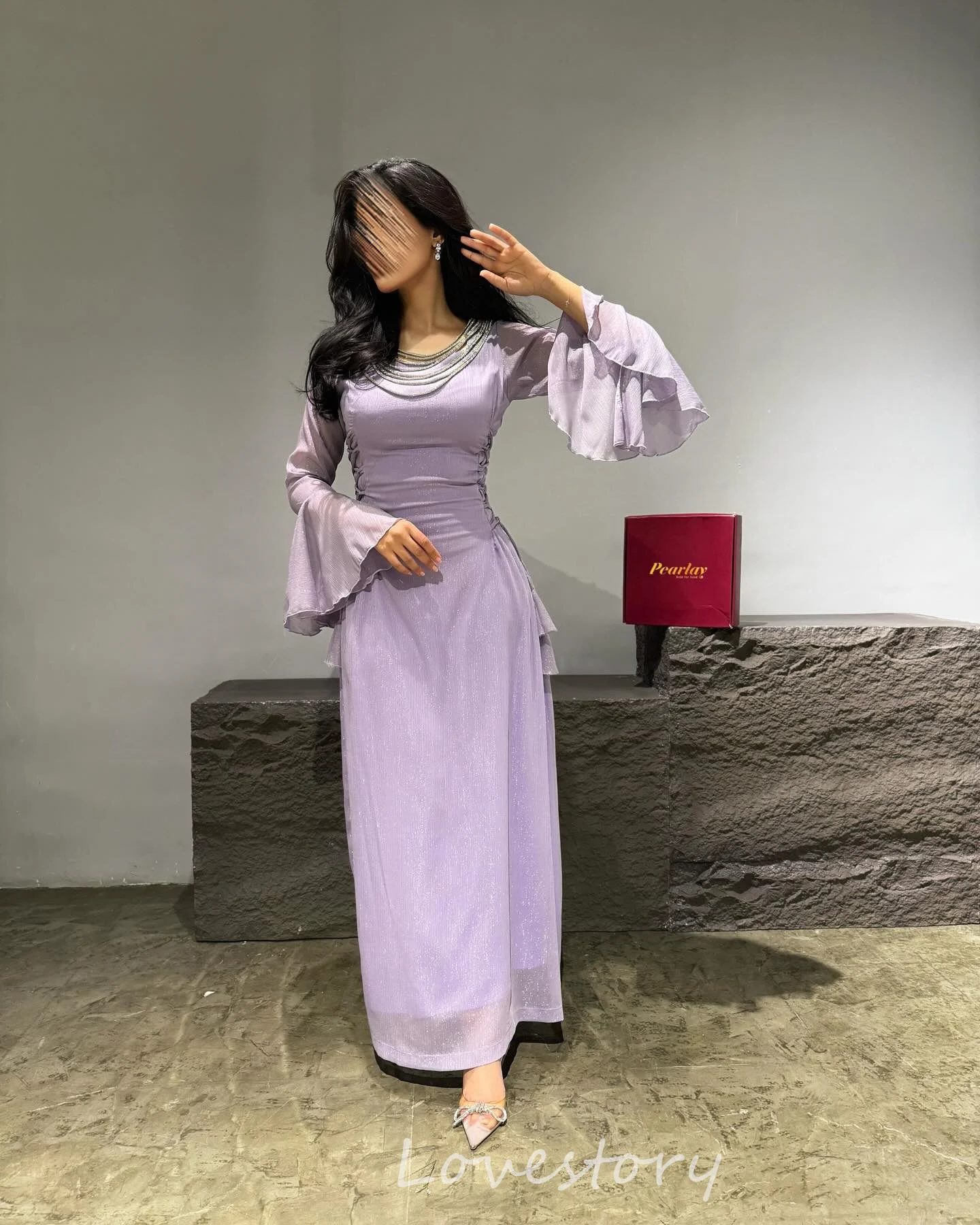 

Lovestory Lavender Evening Dress Formal Saudi Arabia O Neck Long Sleeve Vestidos De Noche Mermaid Beaded Prom Dress Ankle