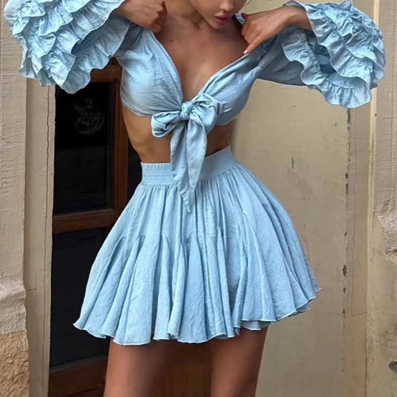 Sexy Lace-up Solid Hollow Two Piece Suit Women Off Shoulder Crop Top & Pleated Mini Skirts Set Autumn Long Sleeve Ruffle Outfits view 3