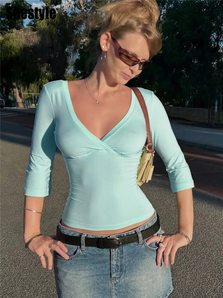 Shestyle V-Neck Half Sleeve T-Shirt Women Summer Basic Leisure Patchwork Cross Overlap New Design 2026 Green Crop Tops Tide