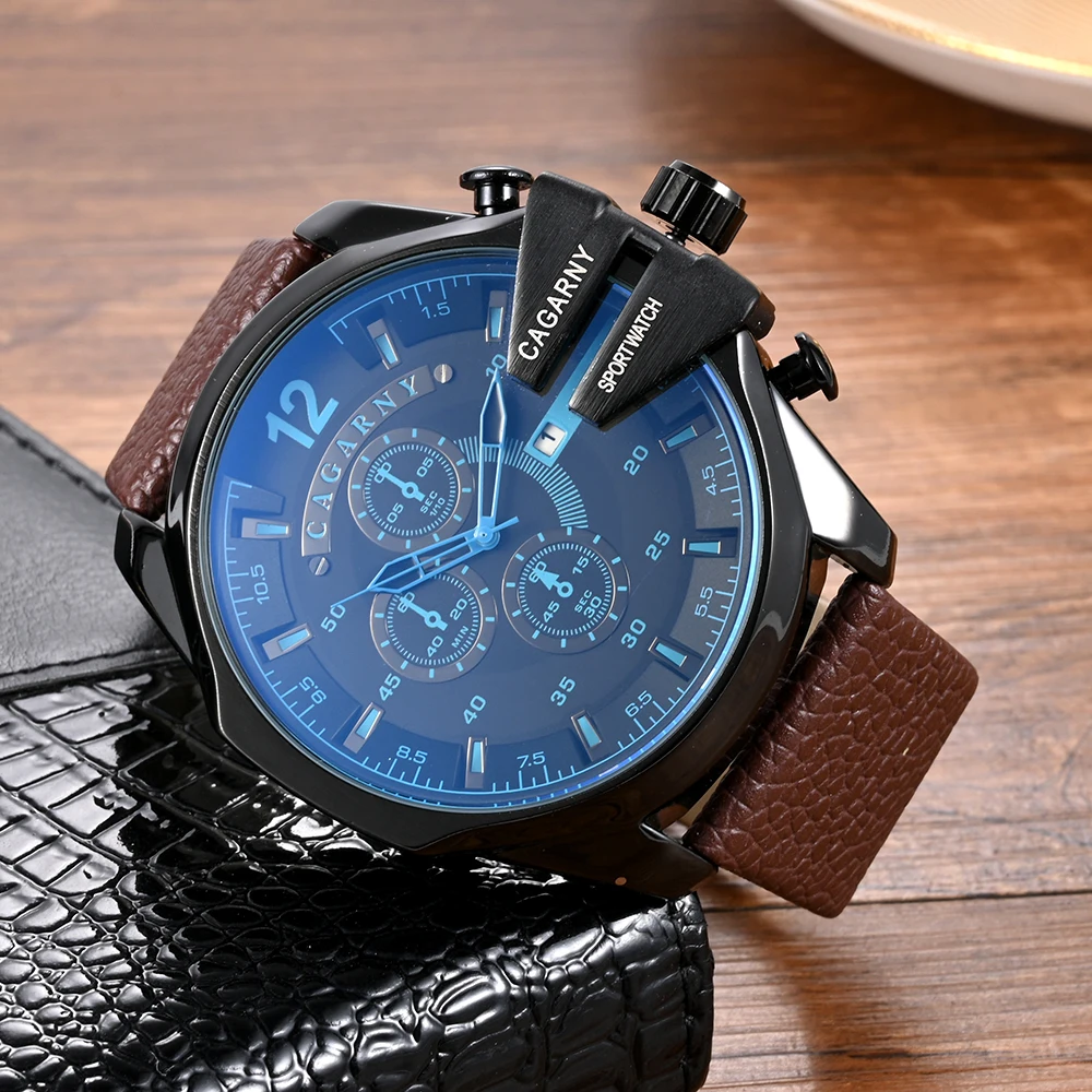 CAGARNY Brand Large dial 6839 Fashion Casual Watch for Men Waterproof Date Leather Band Man\'s Quartz Watches Classic Male Clock