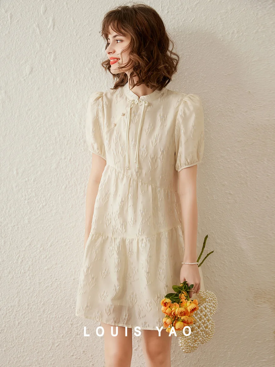 

LOUIS YAO 2025 Summer Fashion Charm Chinese Dress Gentle and Elegant Crooked Diagonal Front Short Sleeve Splicing Women's Skirt