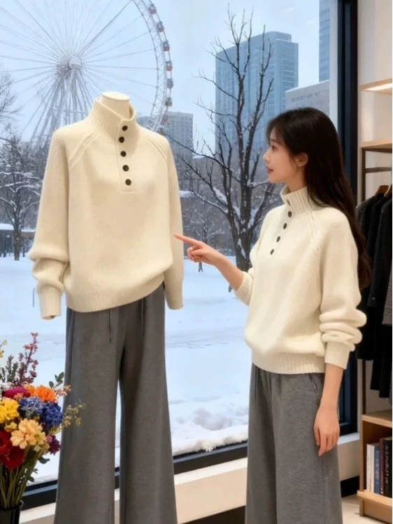 

Thiened High Collar Knitted Sweater Women's Autumn Winter Outerwear Soft Raccoon Fur Fufu Long Sve Crew Ne Top