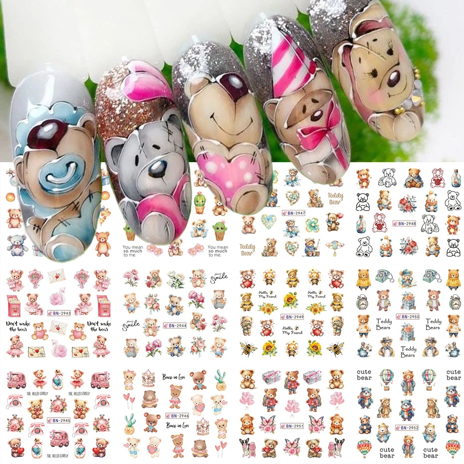 12 قطعة من ملصقات نقل المياه لفن الأظافر لعيد الحب - زهرة الدب الكرتونية اللطيفة وتصميم الحب الرومانسي لشارات نقل المياه