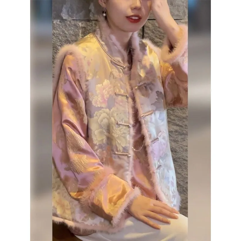 

Sense Sophistication Featuring Jacquard Stand-up Collar Button-up Vest Two-piece Top New Chinese-style Women's Winter Tang Suit