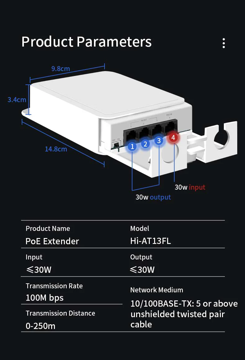 Hisource 4 Port IP55 Waterproof POE Repeater 100/1000Mbps 1 to 3 Network Switch PoE Extender for IP Camera