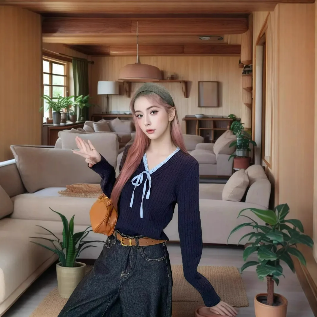 

2024 New Sle Slim Fit Color Blo Knitwear with Belt College Sle Long Sve Sweater for Women Faionable Casual Wear