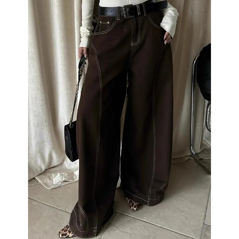 

Vintage Brown Wide Leg Pants Women High Street Loose Contrast Stitching Jeans American Hiphop Harajuku Y2K Lazy Denim Trousers