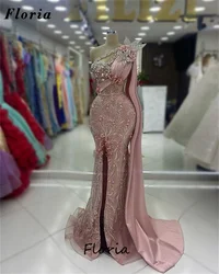 Special Pink One Shoulder Evening Dresses With Slit Sleeves Cocktail Dress Beading Party Gowns Vestidos De Cóctel Pageant Dress