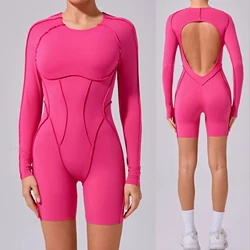 New Pad Nylon Women Bodysuit Fitness Yoga Set Splicing Exposed V Butt One-Piece Long Sleeve Set Gym Sports Push Up Jumpsuit