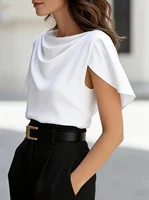 Women's Short Sleeve Cowl Neck Blouse Elegant Draped Top - Image 6