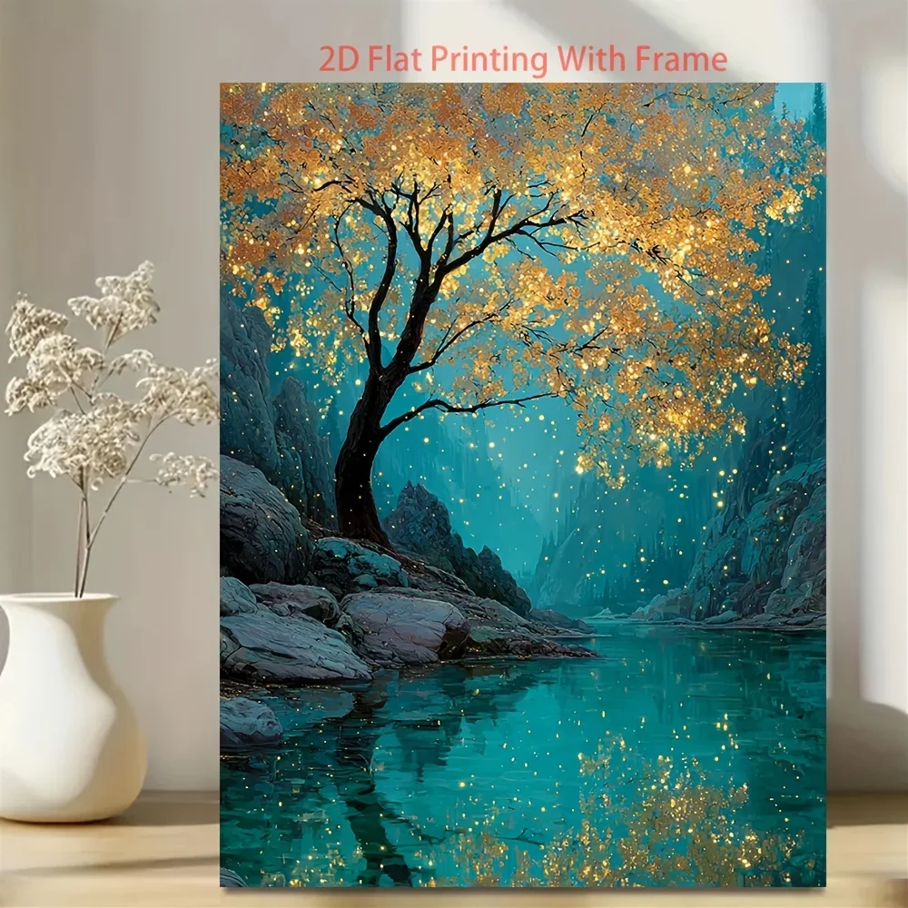 2D Flat, 2D Flat, 1pc Large Golden Tree of Light Canvas Wall Art - Modern Glowing Forest Painting with Deep Teal And Golden H