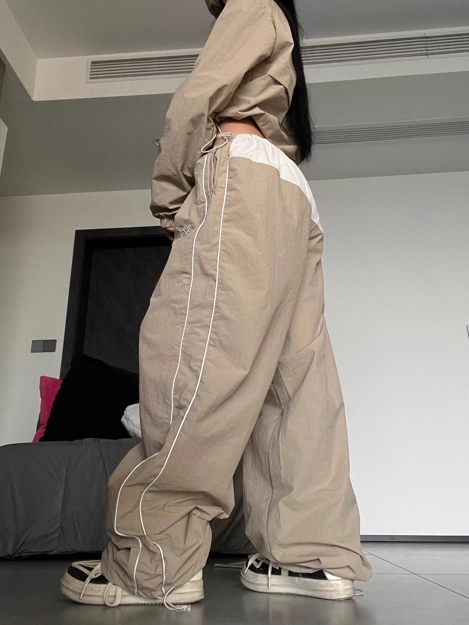 QWEEK Y2K Streetwear Khaki Pants Sets Women Gorpcore Vintage 90s Beige Tracksuit Oversized Kpop Fashion Harajuku Two Piece Set