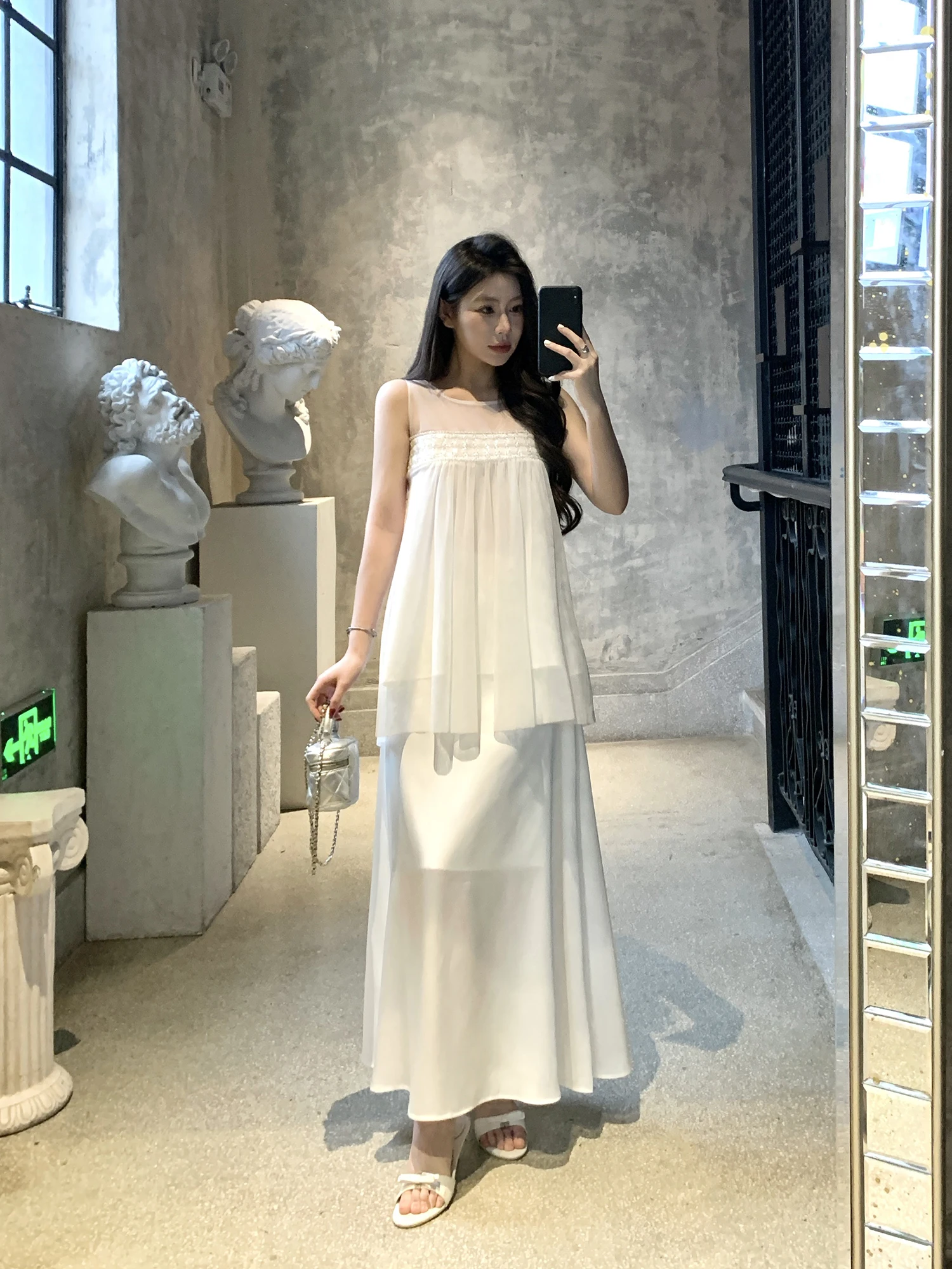 

Женский костюм-двойка Simple Ele: топ-жилет и юбка с высокой талией, домашний комплект для весны и лета, для работы и отдыха