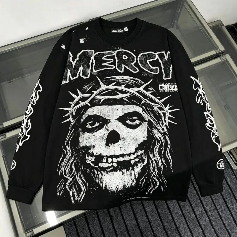 Hellstar Thorn Skull Mercy Print Long Sleeve T-Shirt Men American High Street Heavyweight Loose Cotton Base Layer Tee
