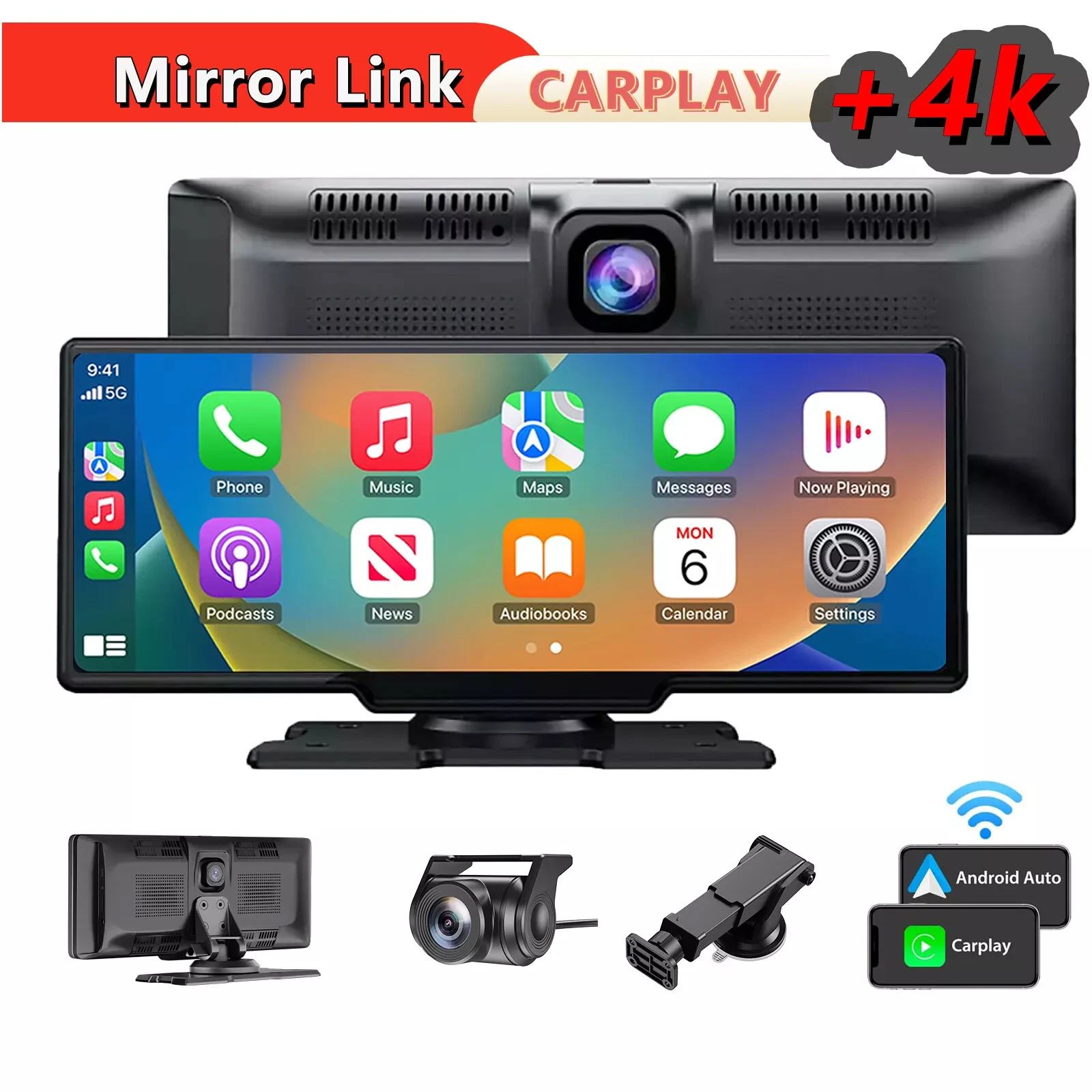 ESSGOO 10.26“ Touch Screen 4K Car DVR Dash Cam Wireless CarPlay Android Auto GPS Navi For Apple Android Dual Lens Video Recorder