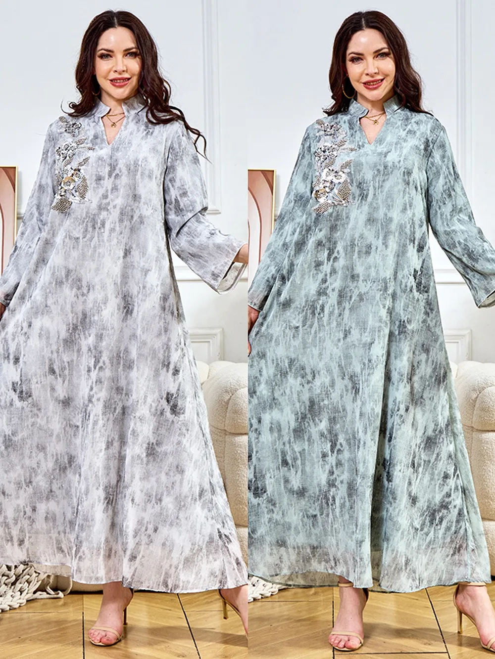 

Middle Eastern Abaya Wholesale New Arrival Rhinestone Collar Floral Beaded Evening Gown Muslim Dress
