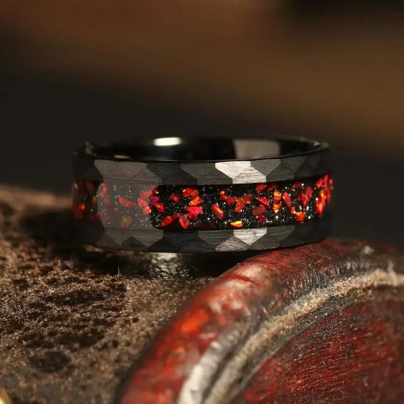 Diamond Shaped 8mm Red Fire Stainless Steel Ring Men Women's Black Background Red Fragments Wedding Ring Jewelry Surprise Gift - Image 3