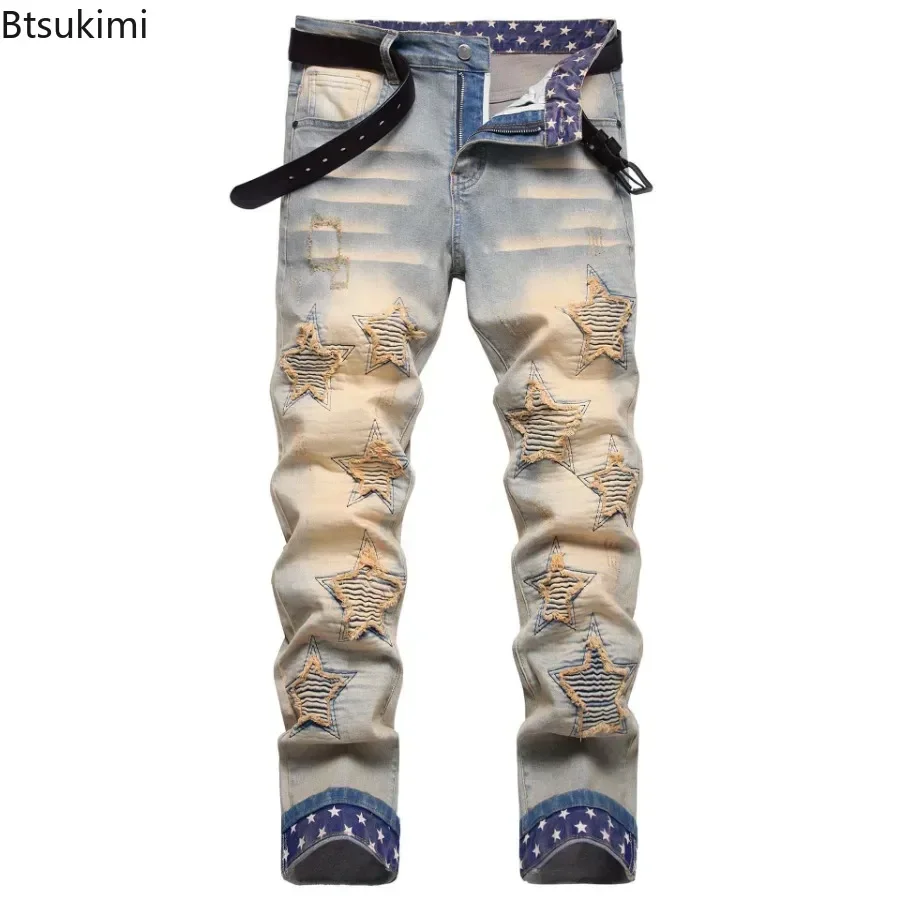 

High Street Jeans for Men Fashion Patchwork Stretch Slim Denim Pants Vintage Broken Holes Design Distressed Casual Trousers Male