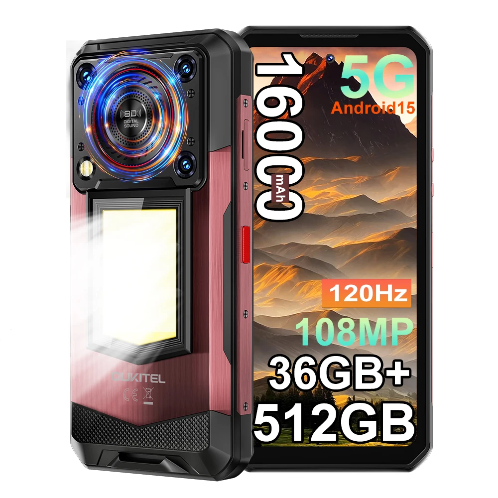 OUKITEL WP56 Android 15 Smartphone 36GB(12+24) 512GB 16000mAh 45W Campinglamp 6.8“ FHD 120Hz 128dB Luidspreker 108MP 5G Mobiele Telefoon