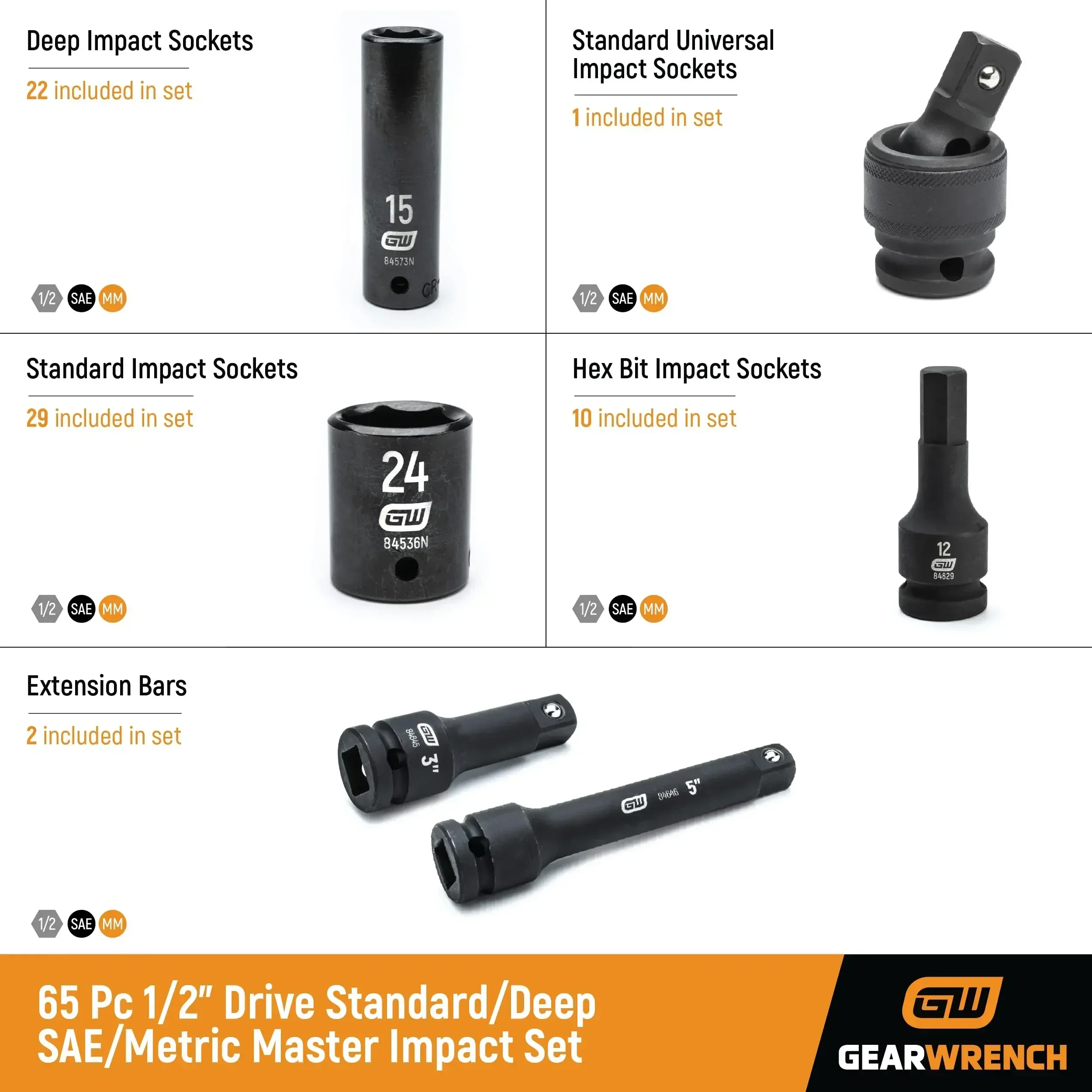 TimWRENCH-Drive Standard and Deep SAE, MM Impact Socket Set, 89095, 65 Piece