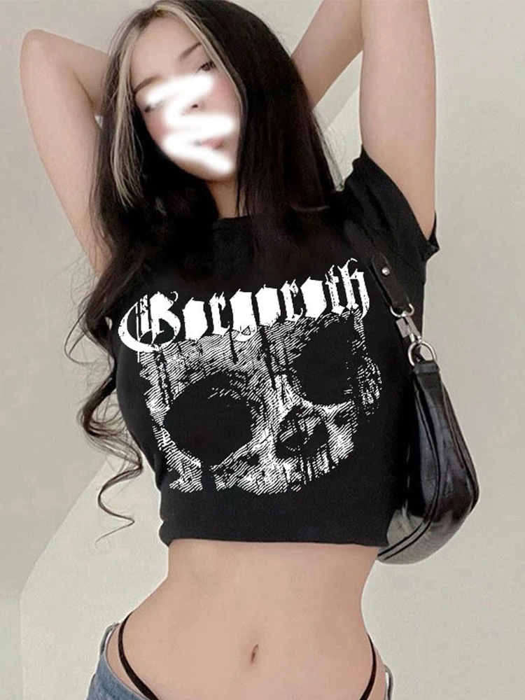 Vintage Kurzarm T-Shirt 90er Jahre Gothic Harajuku Druck muster Croptop Skelett Schädel Punk Streetwear ästhetische weibliche Mujer Top