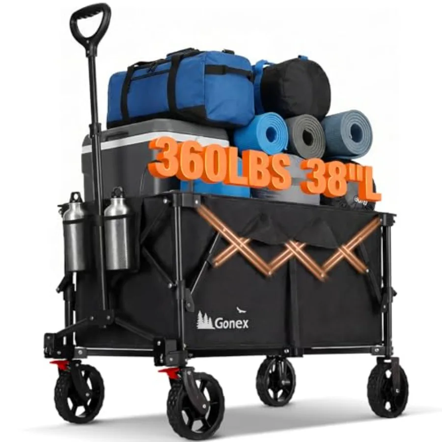 

Garden cart for grocery camping sports shopping: collapsible 220L black wagon with 360lbs capacity 38''L folding utility design