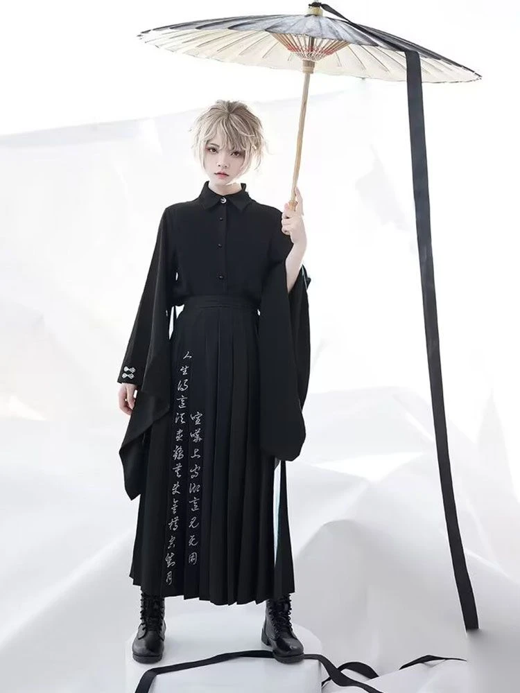 Harajuku masculino e feminino blusas pretas 2025 primavera y2k estética camisas vintage streetwear casual feminino plissado manga blusa topos