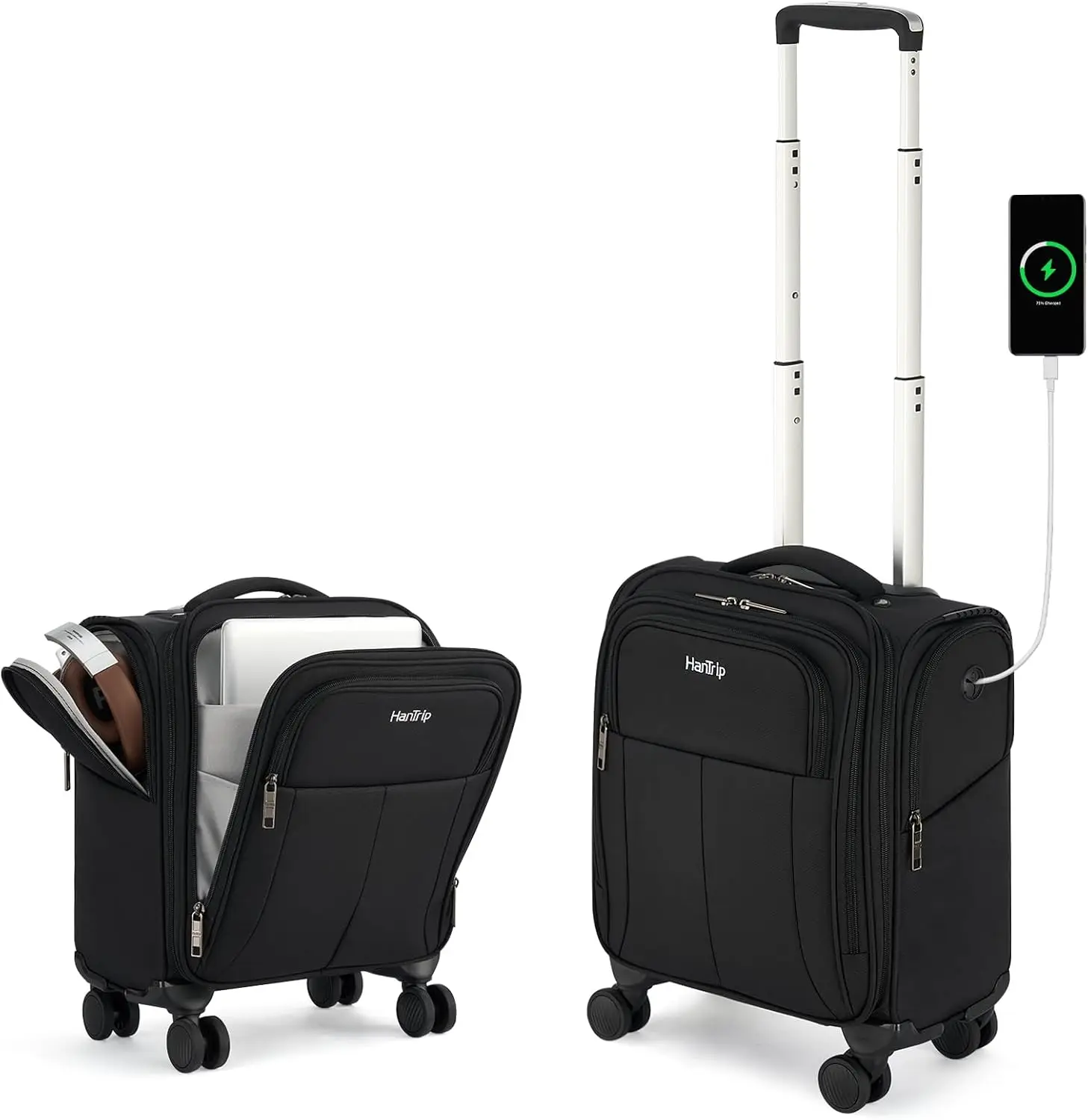 16 Inch Underseat Carry On Luggage with Wheels, Softside Small Suitcase Personal Item Bag with Pocket for Men Women Business Overnight (Black)