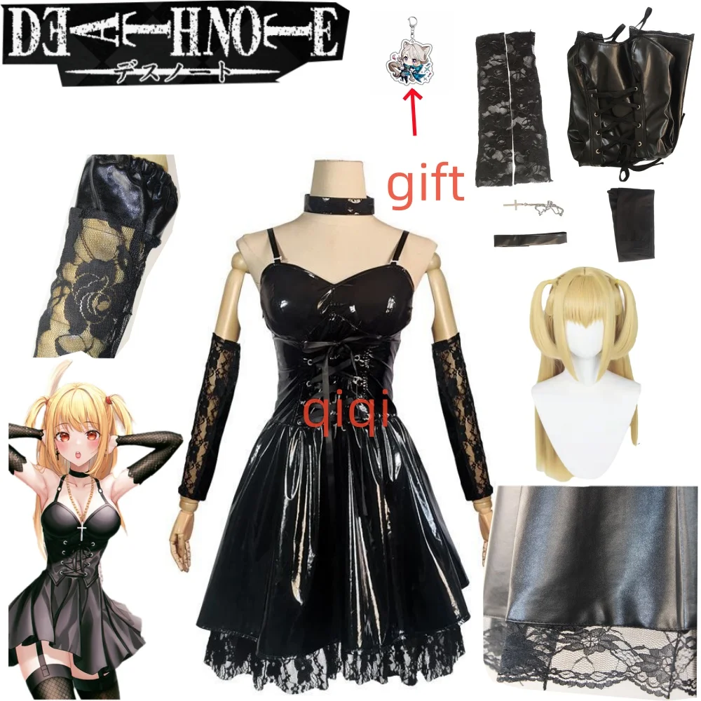 

Death Note Cosplay Costume Misa Amane Imitation Leather Sexy Dress +Neck jewelry+stockings+necklace Uniform Outfit Halloween Wig