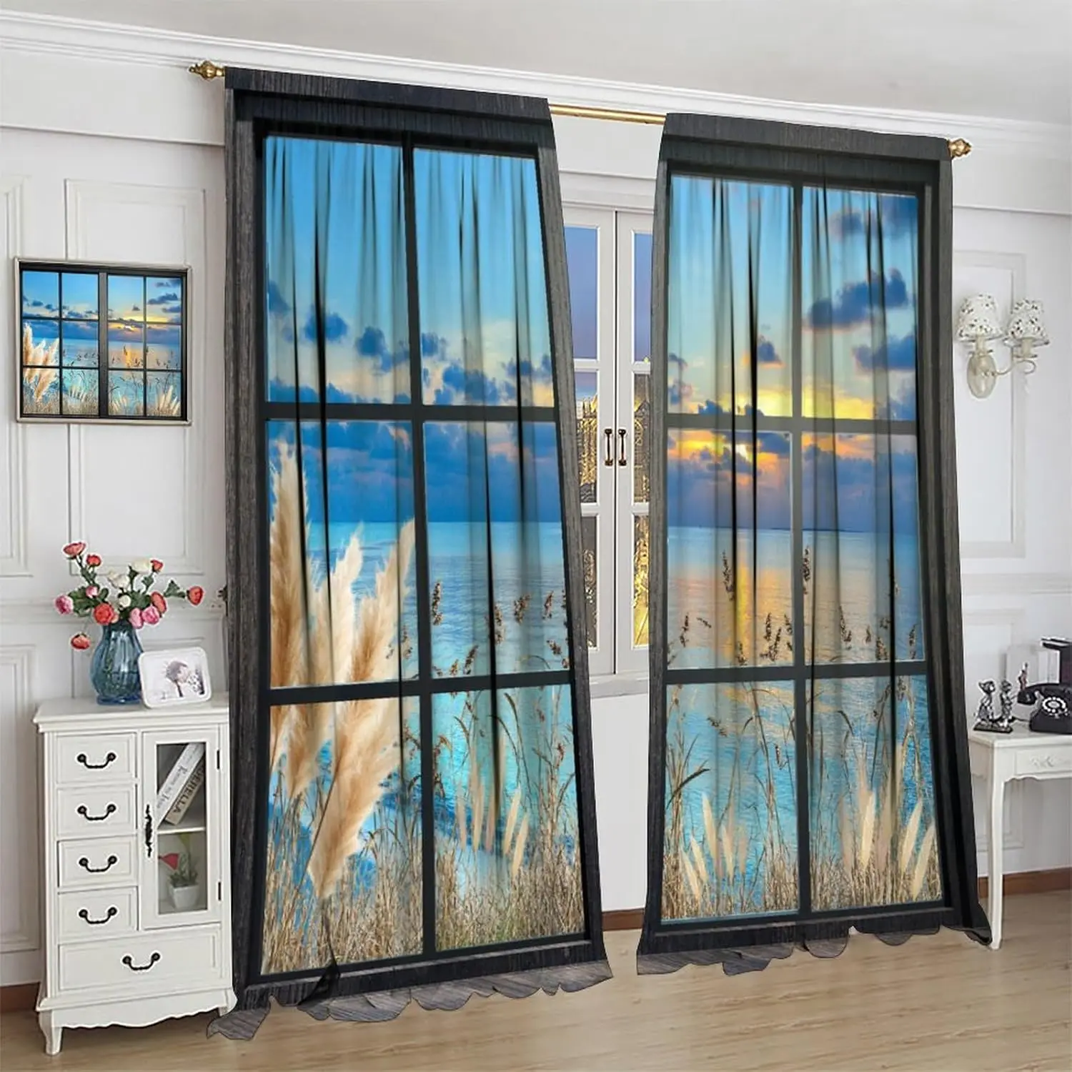 Beach Coastal Seaside Window Curtain Ocean Hawaiian Sea Sunset Reed Beach Glass Door Scenery Rustic Landscape Polyester Window