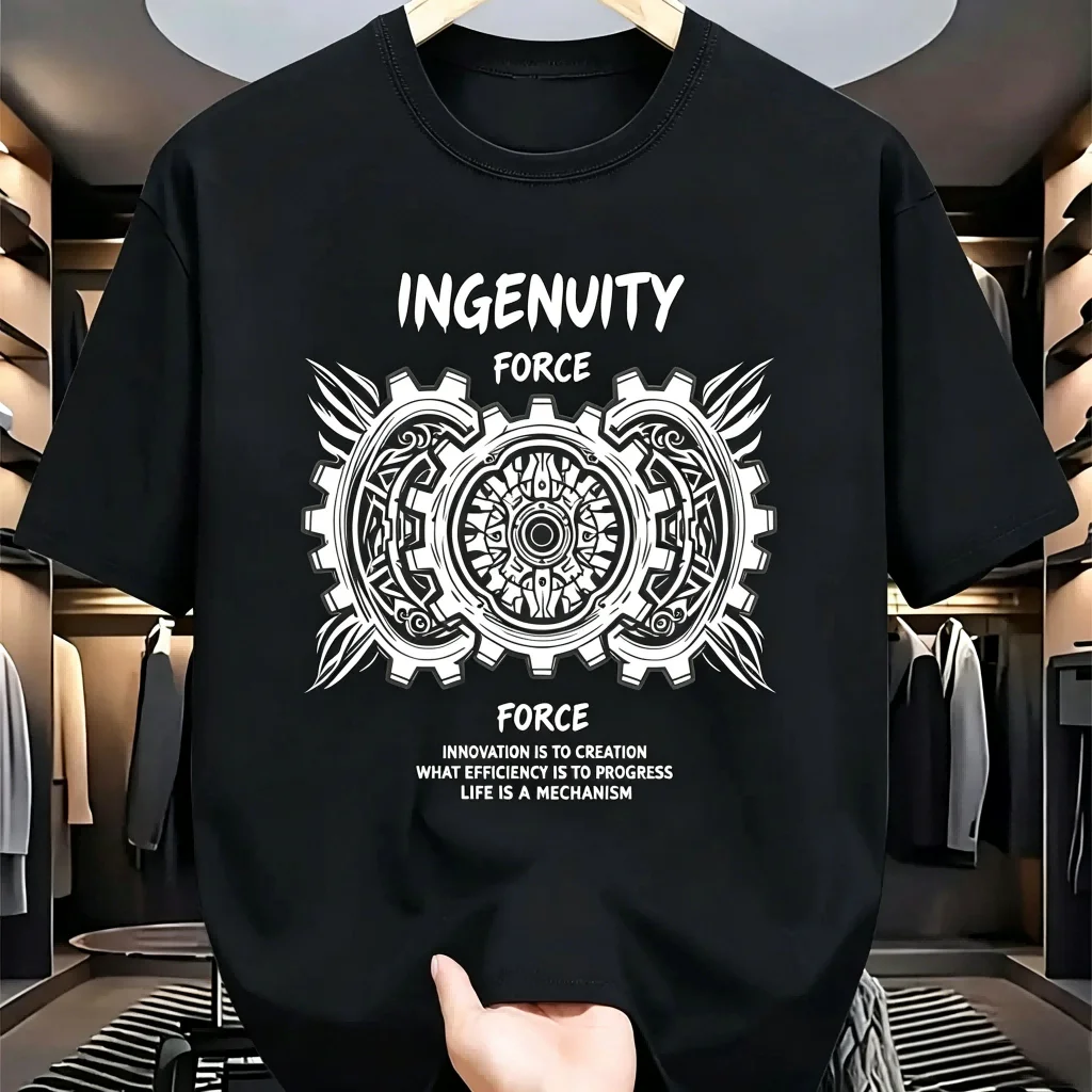 Camiseta negra de algodón para hombre, camisetas de manga corta industriales con estampado gráfico Ingenuity Force Gear Techwear
