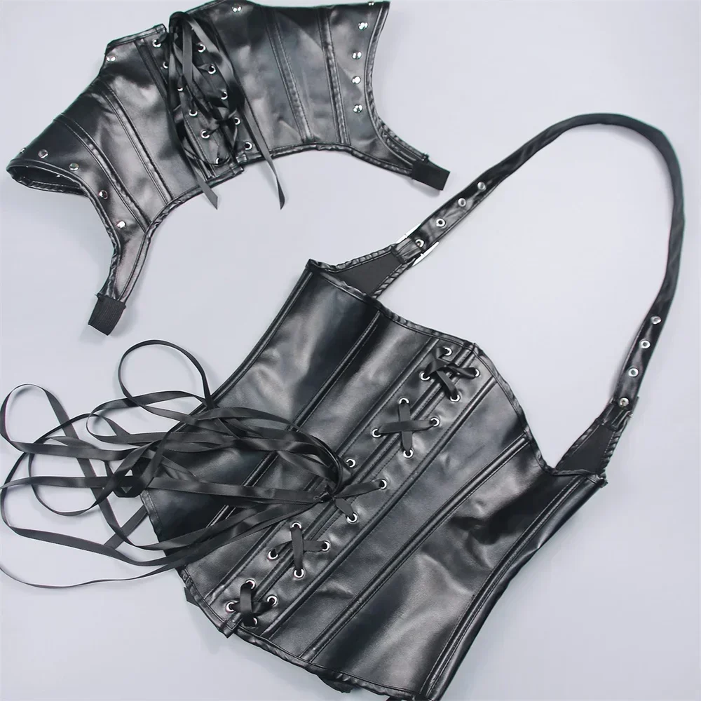 Picture 4: Steampunk Corset Vest Silver Black Leather Bustiers Jacket Armor With Shoulder Overbust Gothic Punk Burlesque Corselet Korsett