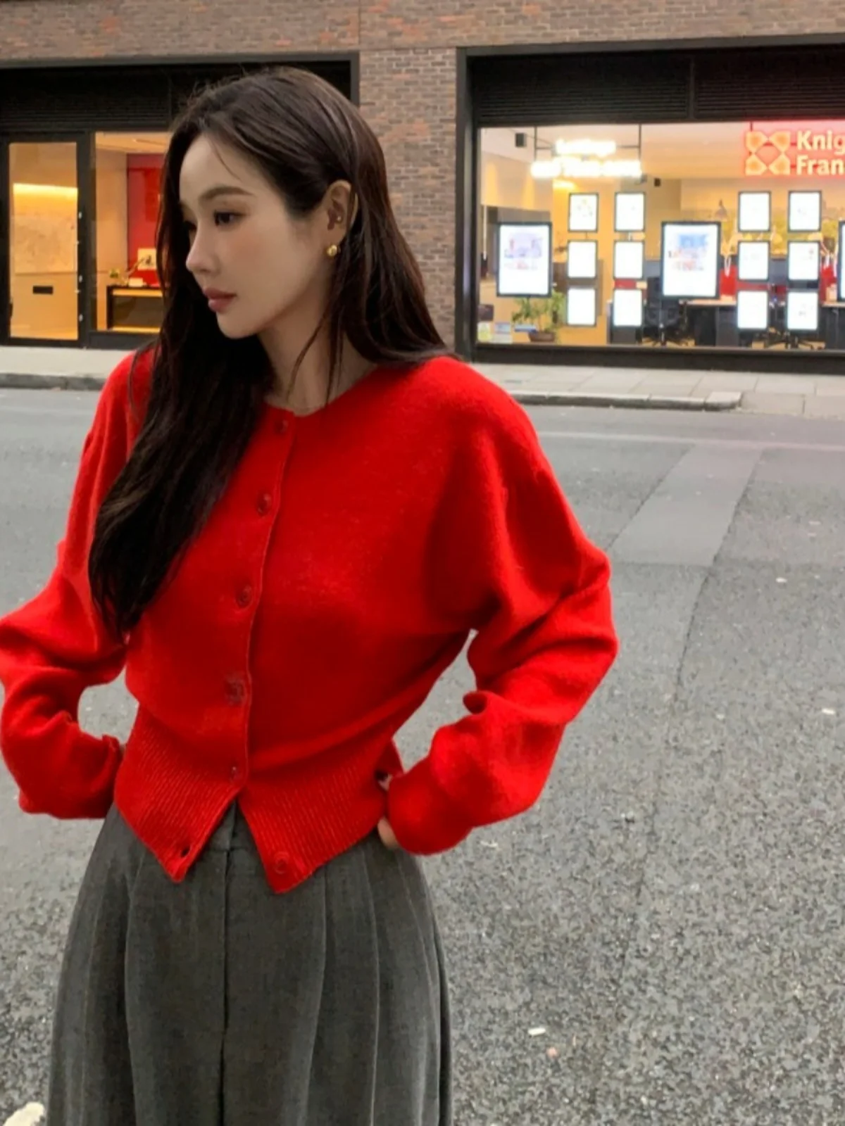 Ele Chic gestrickter langer Swe runder Ne-Einzelknopf-Pullover, koreanische Passform, lockere Passform, offene Strickjacke für Damen