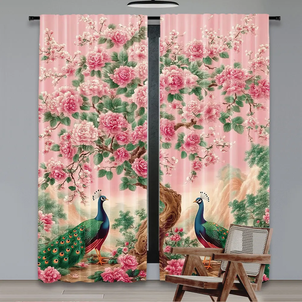 2Pcs Spring Curtain Asian Dreamy Blooming Blush Tone Flowers And Peacocks With Fantasy Tree Suitable For Bedroom Bathroom Dining