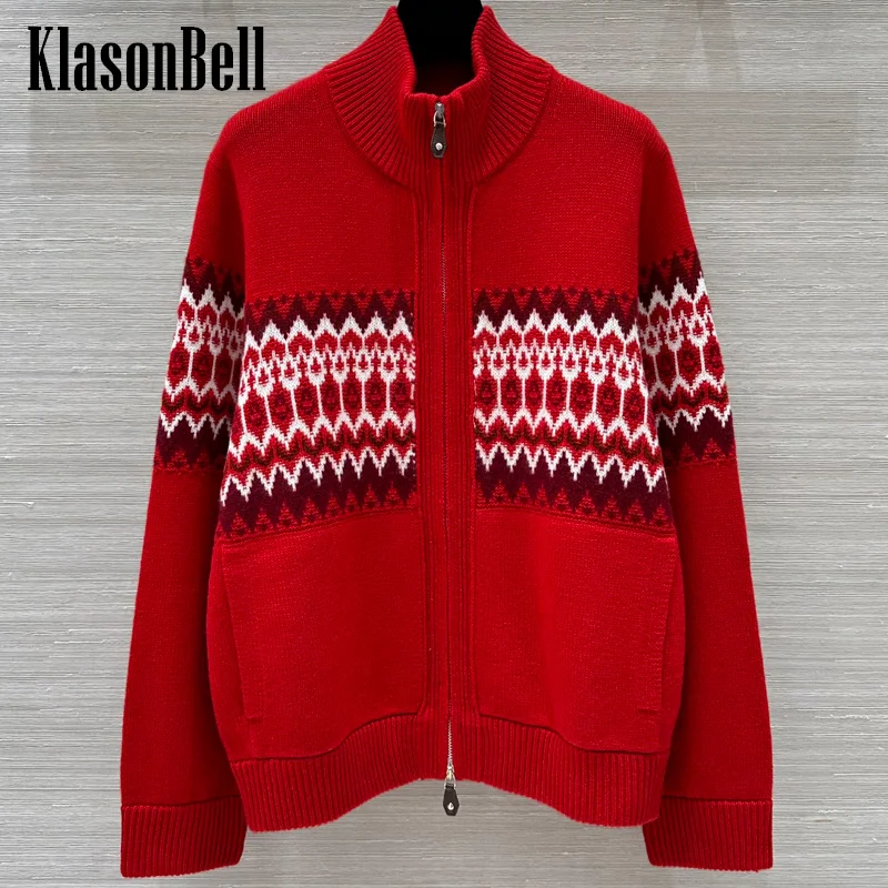 11.22 KlasonBell Chic Christmas Holiday Geometric Jacquard Crochet Cashmere Knit Cardigan Side Pocket Double Zipper Coat Women