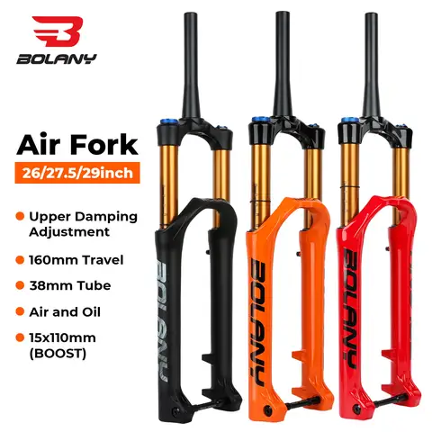 볼라니 뉴 38mm 튜브 에어 포크 MTB 160mm 트래버 서스펜션 포크 26/27.5/29인치 부스트 15x110mm 포크 디스크 브레이크 자전거 상부 댐퍼