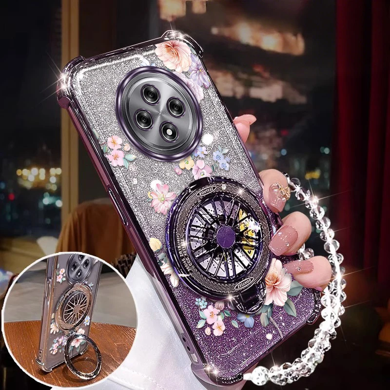 Reno 12F Flower Pattern Circle Plating stand lanyard Phone Case For OPPO Reno 14 14Pro 14F 13F 11 11F 10 12 12Pro 12F 10ProCover