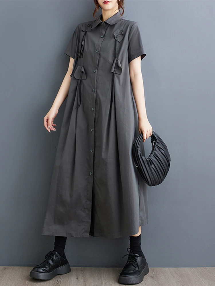 Black Vintage Spliced Shirt Dresses For Women Korean Fashion Short Sleeve Loose Casual Dress Elegant Clothing New Summer 2025