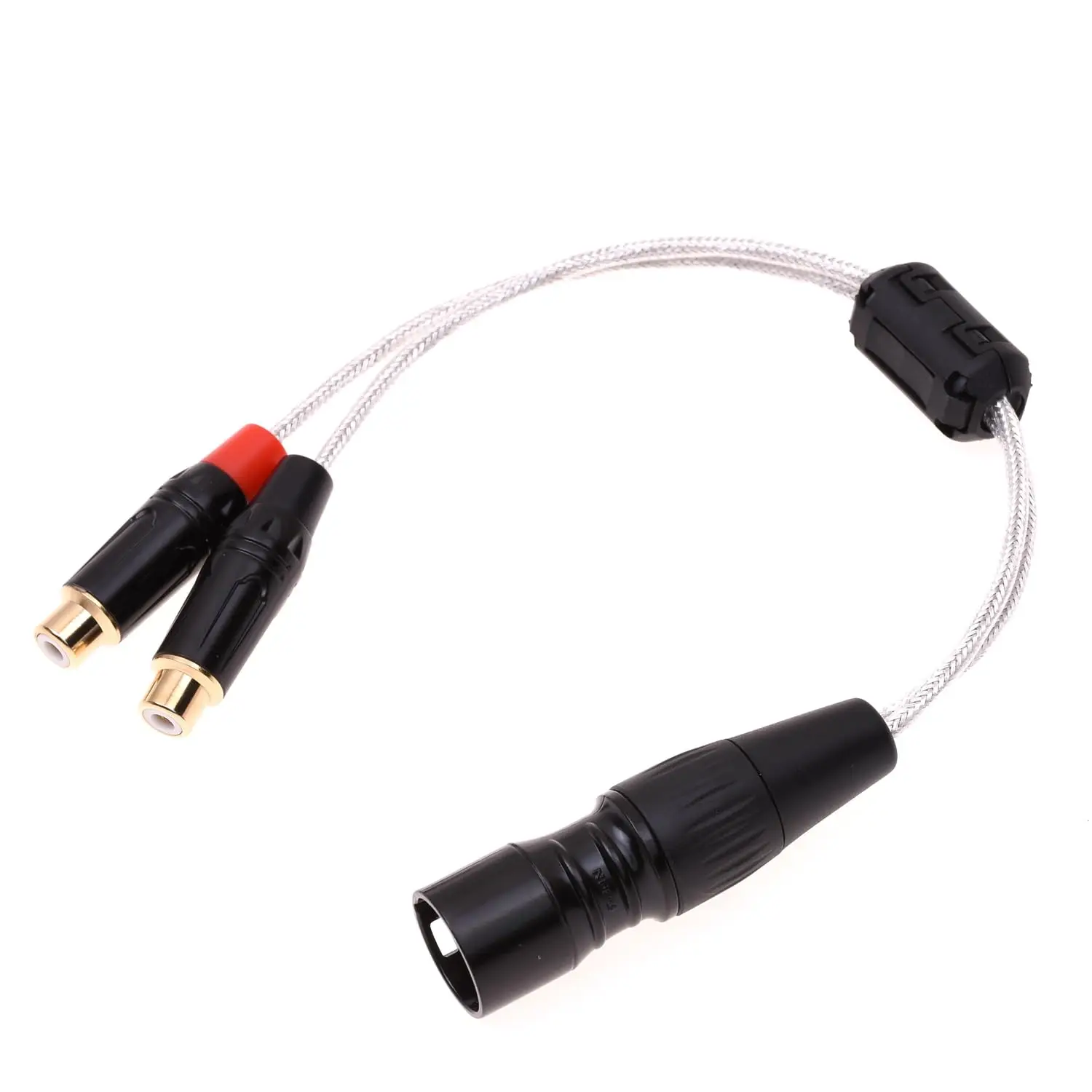 20CM Clear Silver Plated Shield 4-Pin XLR Male to 2 RCA Female 1 to 2 Audio Adapter Cable