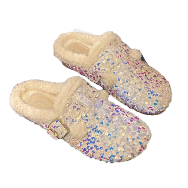 بلينغ النساء النعال الشقق البغال أحذية فاخرة بدعة أحذية قطنية 2025 شتاء جديد المنزل الوجه يتخبط فستان مريح Mujer Zapatos