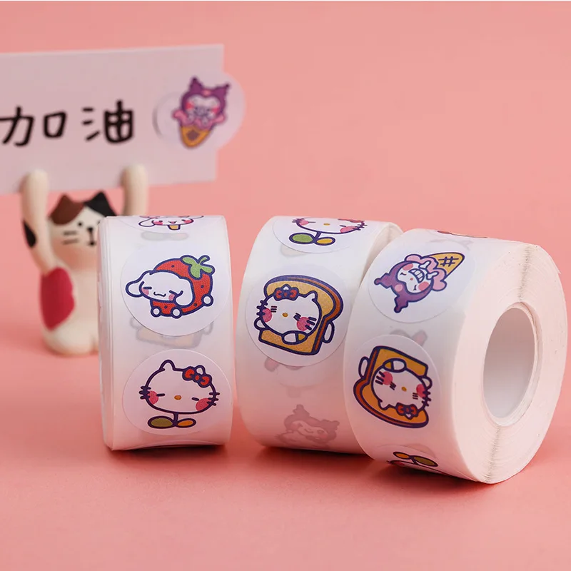 500PCS/Rolls Anime Kawaii Sanrio Stationery Stickers Melody Hello Kitty Emoticon Seal DIY Material Cute Children Reward Sticker