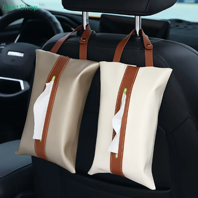 1Pcs Car Tissue Box Hanging Leather Drawer Carton Seat Back Nordic Style Hanging Bag Creative Car Interior Decoration