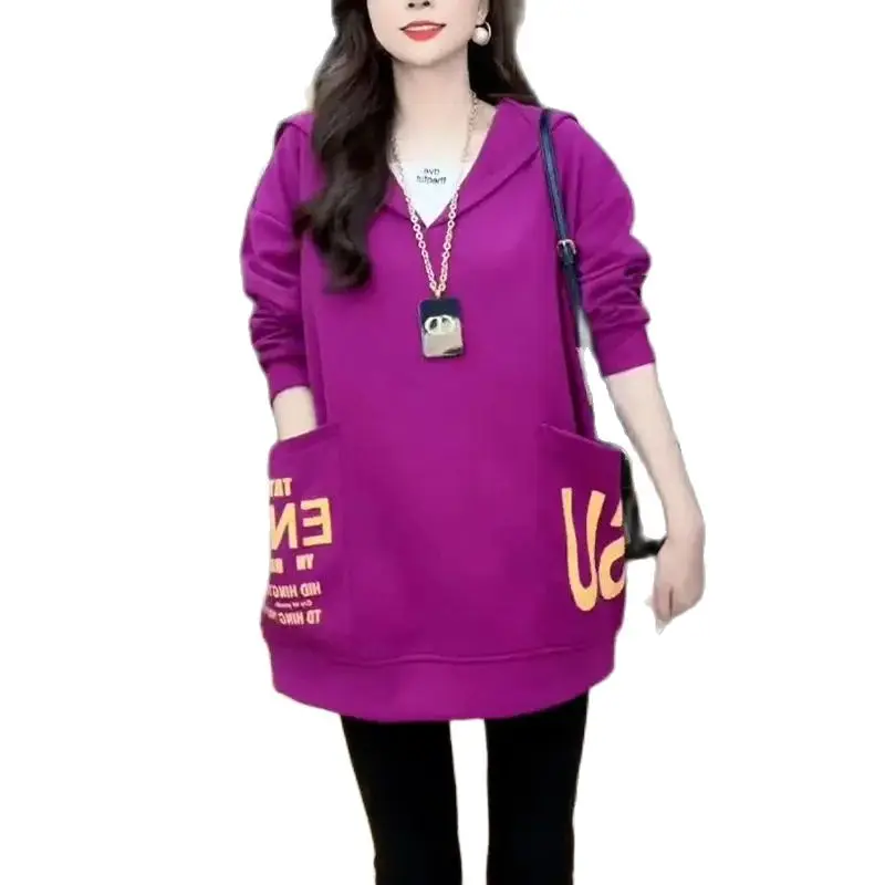 Spring Autumn T-Shirts Women\'s Loose Large-Size Mid-Long Hoodies Tops Summer Fake Two Pieces Tee Shirts Big Pocket T-shirt